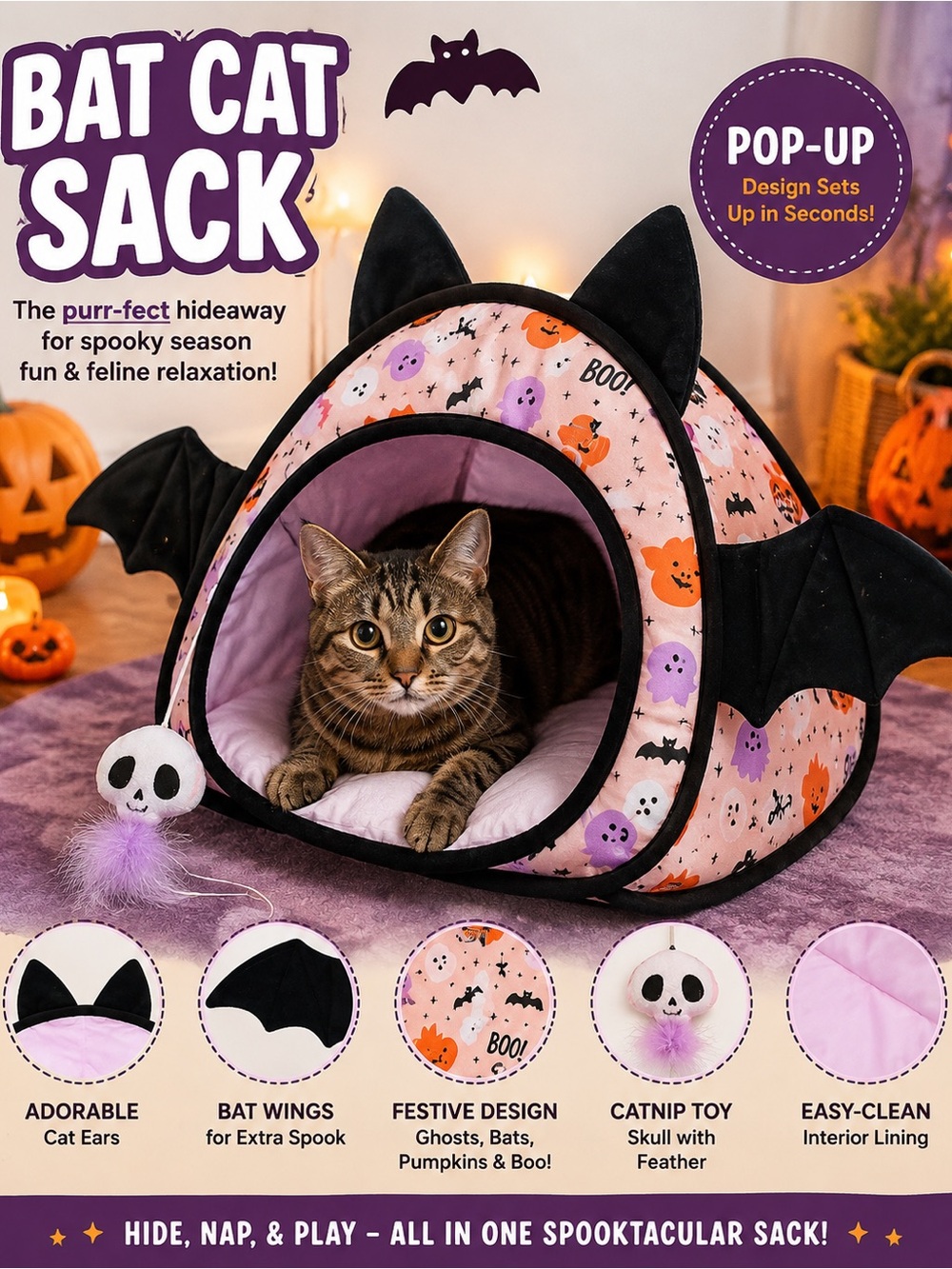 Bat Cat Sack Pop-Up Cat Bed - Pink Halloween Bat Design